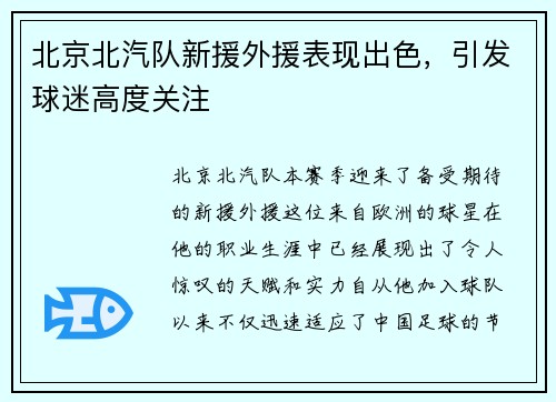 北京北汽队新援外援表现出色，引发球迷高度关注