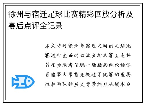 徐州与宿迁足球比赛精彩回放分析及赛后点评全记录